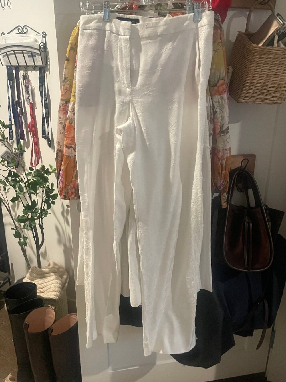 Zara Women's White Jacquard Wide Leg Pants, Small